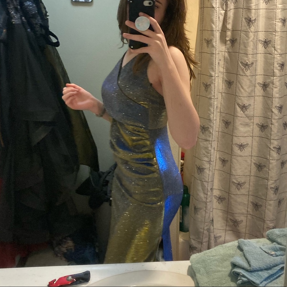 Blue gold sparkle color change formal prom dress